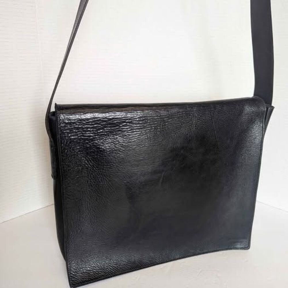 Vintage Simple Thick Cut Black Leather Flap Messenger Crossbody Bag Briefcase